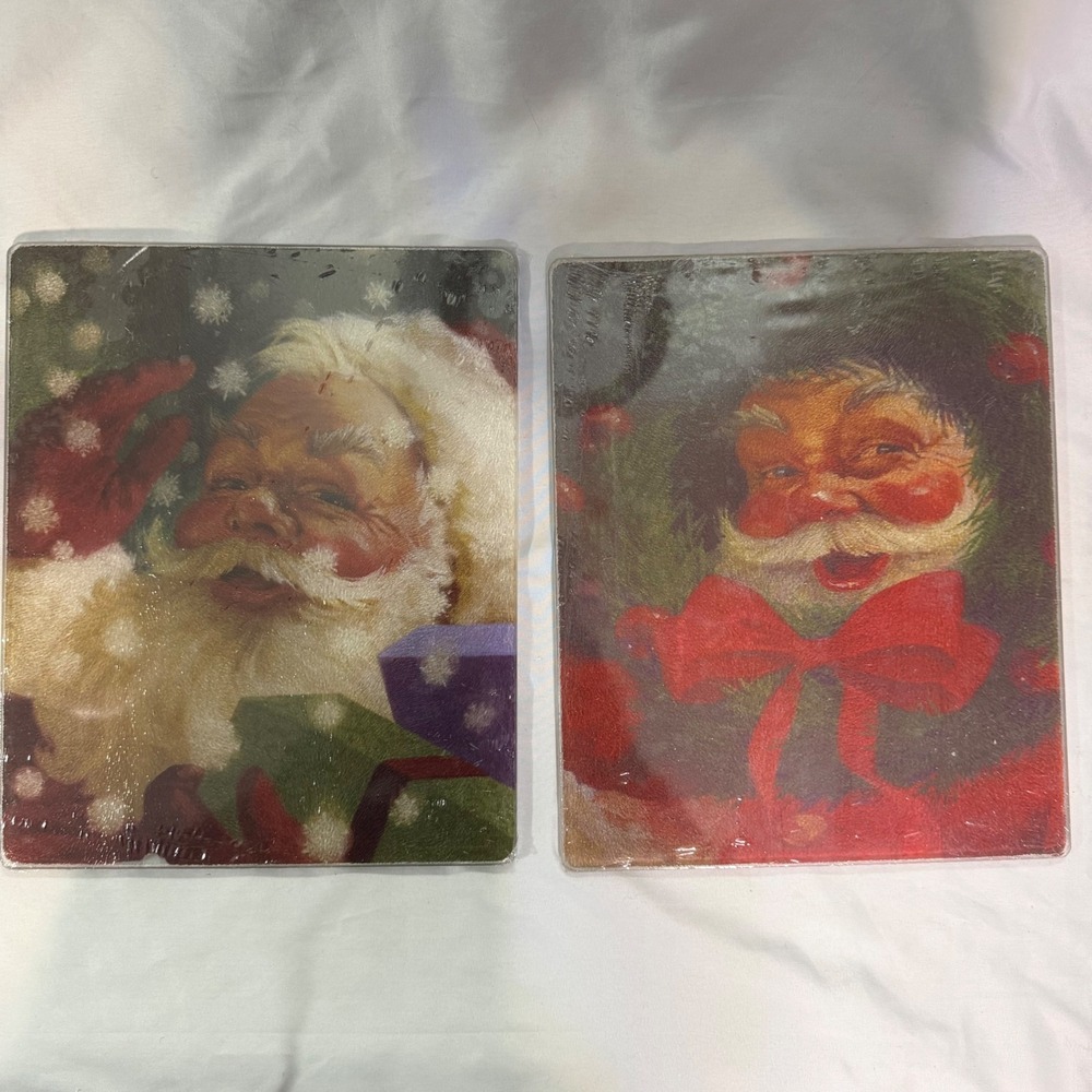 Vintage Style Santa Claus Glass Cutting Boards Set of 2 Christmas Holiday